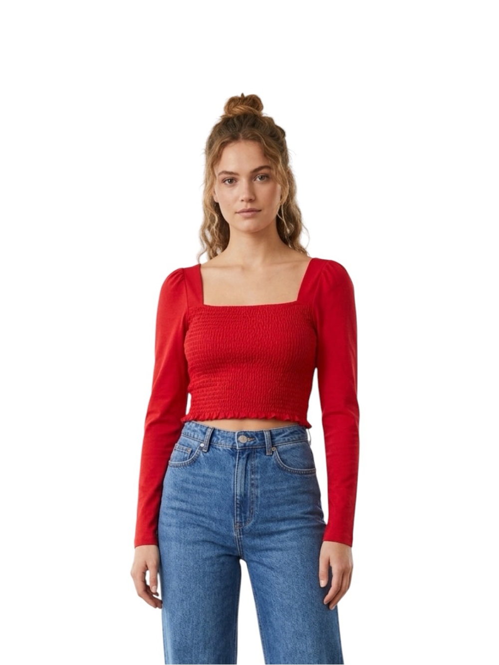 Topshop Red Smocked Long Sleeve Crop Top NWOT Size 12